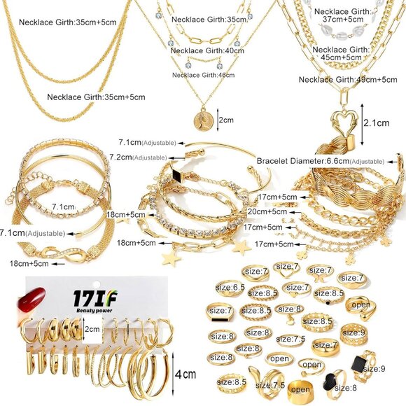 Jewelry Set 59 pcs Stainless Steel Alloy Necklaces Bracelets Rings Earrings Wome - Picture 7 of 7